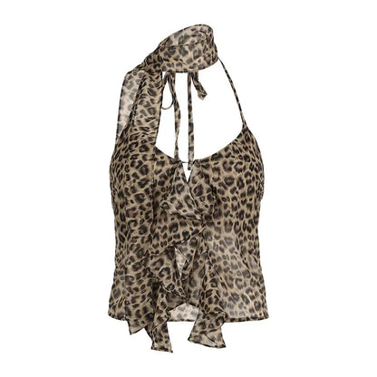Camisola de gasa para mujer, top corto con estampado de leopardo Y2k, moda de verano, camiseta sin mangas sexy para mujer, chaleco con hombros descubiertos
