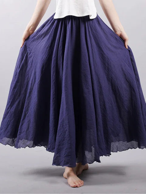 Women’s Elegant High Waist Linen Maxi Skirt 2025 Summer Ladies Casual Elastic Waist 2 Layers Skirts saia feminina