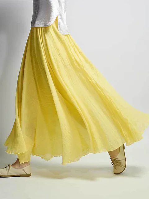 Women’s Elegant High Waist Linen Maxi Skirt 2025 Summer Ladies Casual Elastic Waist 2 Layers Skirts saia feminina
