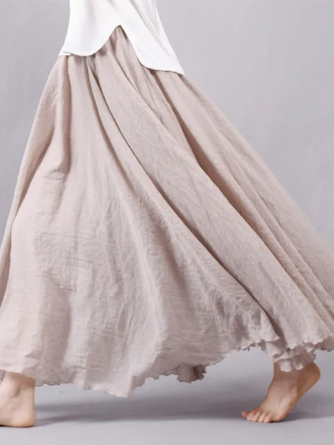 Women’s Elegant High Waist Linen Maxi Skirt 2025 Summer Ladies Casual Elastic Waist 2 Layers Skirts saia feminina