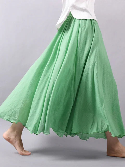 Women’s Elegant High Waist Linen Maxi Skirt 2025 Summer Ladies Casual Elastic Waist 2 Layers Skirts saia feminina