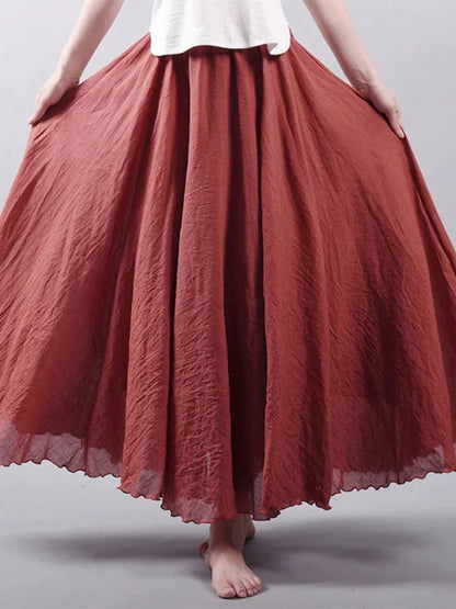 Women’s Elegant High Waist Linen Maxi Skirt 2025 Summer Ladies Casual Elastic Waist 2 Layers Skirts saia feminina