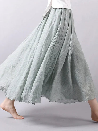 Women’s Elegant High Waist Linen Maxi Skirt 2025 Summer Ladies Casual Elastic Waist 2 Layers Skirts saia feminina