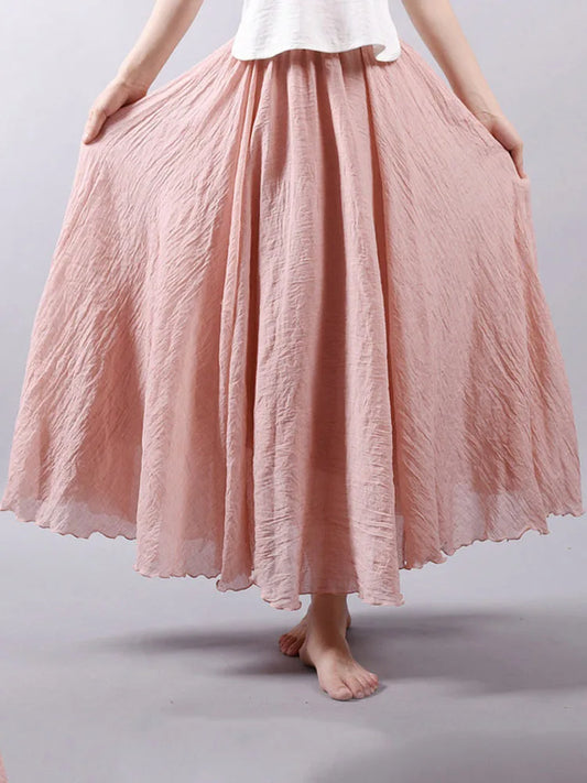 Women’s Elegant High Waist Linen Maxi Skirt 2025 Summer Ladies Casual Elastic Waist 2 Layers Skirts saia feminina