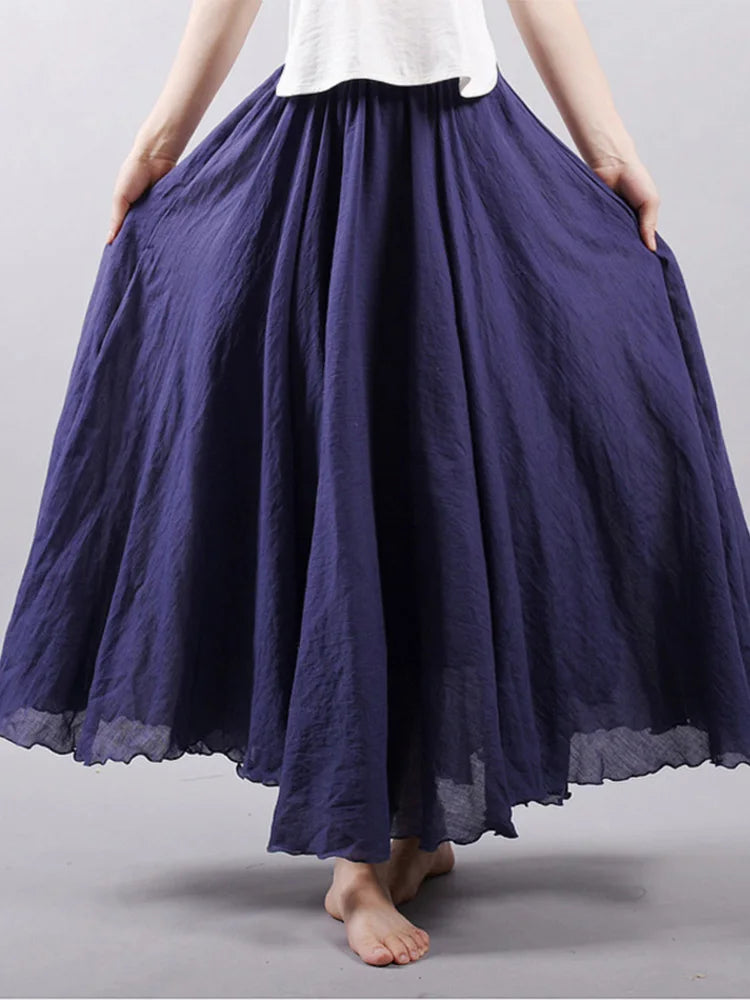 Women’s Elegant High Waist Linen Maxi Skirt 2025 Summer Ladies Casual Elastic Waist 2 Layers Skirts saia feminina