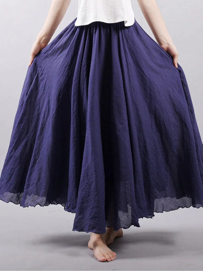 Women’s Elegant High Waist Linen Maxi Skirt 2025 Summer Ladies Casual Elastic Waist 2 Layers Skirts saia feminina