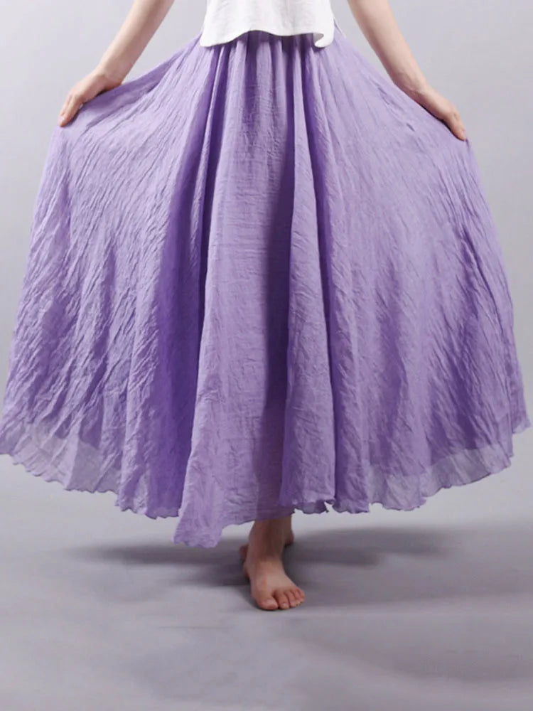 Women’s Elegant High Waist Linen Maxi Skirt 2025 Summer Ladies Casual Elastic Waist 2 Layers Skirts saia feminina