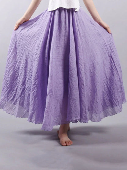 Women’s Elegant High Waist Linen Maxi Skirt 2025 Summer Ladies Casual Elastic Waist 2 Layers Skirts saia feminina