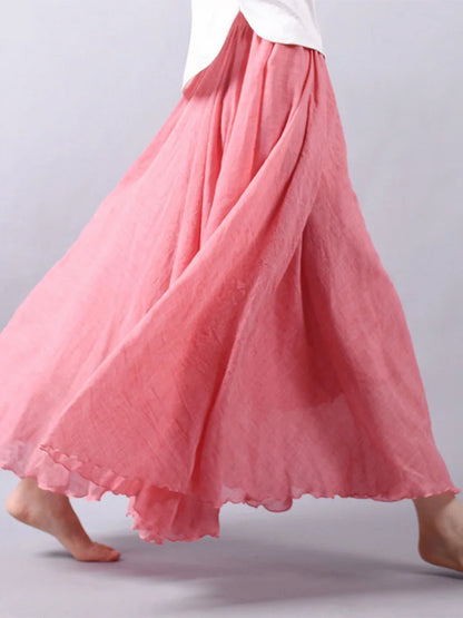 Women’s Elegant High Waist Linen Maxi Skirt 2025 Summer Ladies Casual Elastic Waist 2 Layers Skirts saia feminina