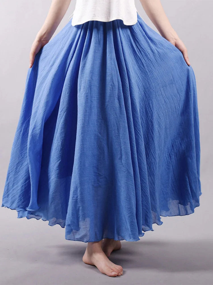 Women’s Elegant High Waist Linen Maxi Skirt 2025 Summer Ladies Casual Elastic Waist 2 Layers Skirts saia feminina