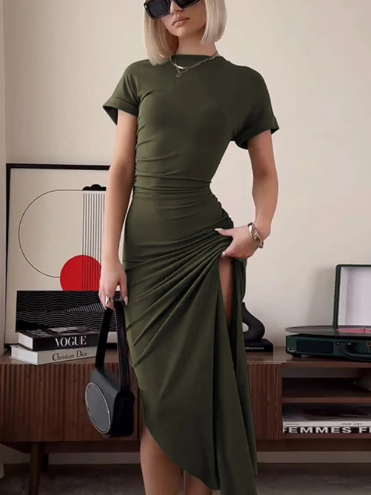 Women’s Elegant O Neck Maxi Dress Short Sleeve Slim High Waist Shirring Dress Sexy Side Slit Evening Club Bodycon Dress Lady