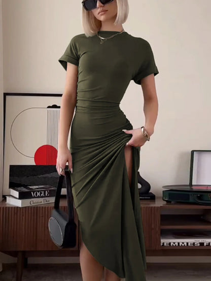 Women’s Elegant O Neck Maxi Dress Short Sleeve Slim High Waist Shirring Dress Sexy Side Slit Evening Club Bodycon Dress Lady