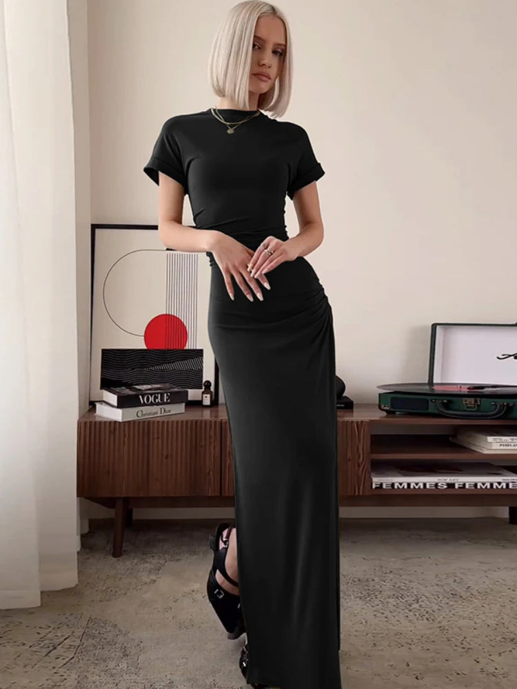Women’s Elegant O Neck Maxi Dress Short Sleeve Slim High Waist Shirring Dress Sexy Side Slit Evening Club Bodycon Dress Lady