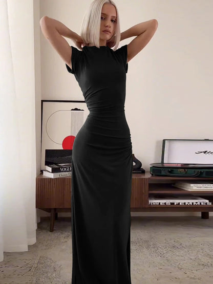 Women’s Elegant O Neck Maxi Dress Short Sleeve Slim High Waist Shirring Dress Sexy Side Slit Evening Club Bodycon Dress Lady