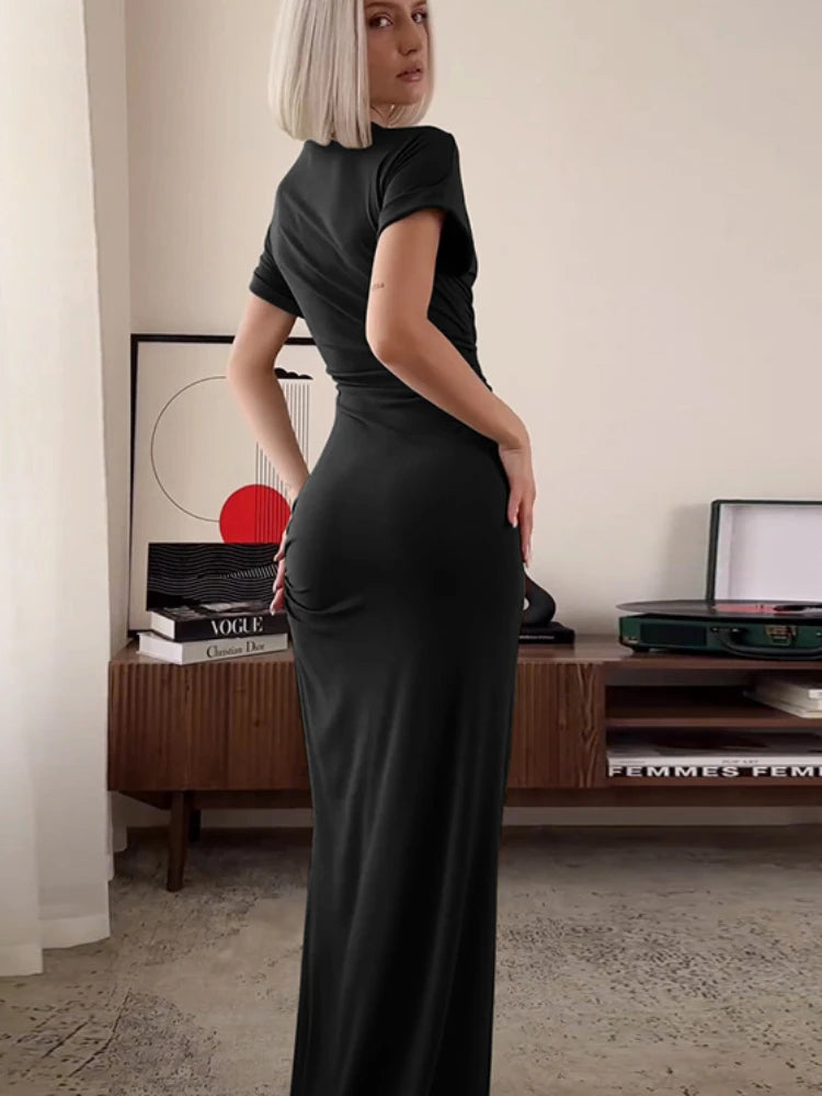 Women’s Elegant O Neck Maxi Dress Short Sleeve Slim High Waist Shirring Dress Sexy Side Slit Evening Club Bodycon Dress Lady