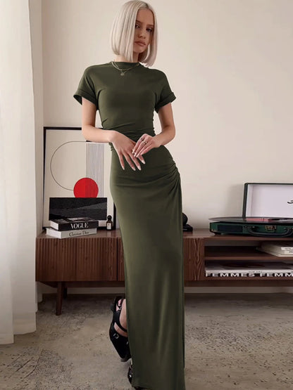 Women’s Elegant O Neck Maxi Dress Short Sleeve Slim High Waist Shirring Dress Sexy Side Slit Evening Club Bodycon Dress Lady