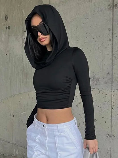 Women’s Hooded Crop Tops Autumn Solid Color Long Sleeve Cowl Neck Slim Fit Short T-Shirt Streetwear Sporty Basics Tees