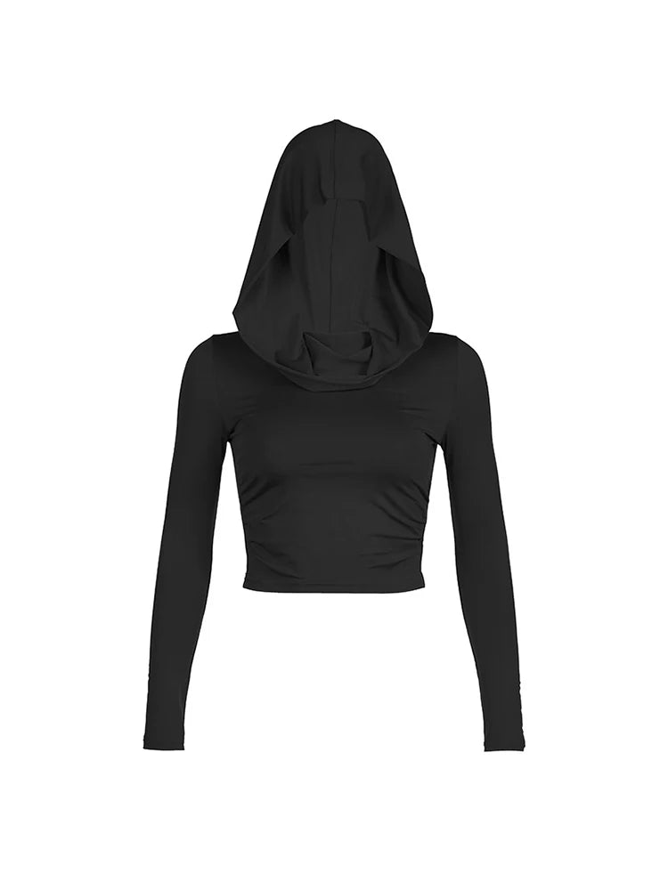Women’s Hooded Crop Tops Autumn Solid Color Long Sleeve Cowl Neck Slim Fit Short T-Shirt Streetwear Sporty Basics Tees
