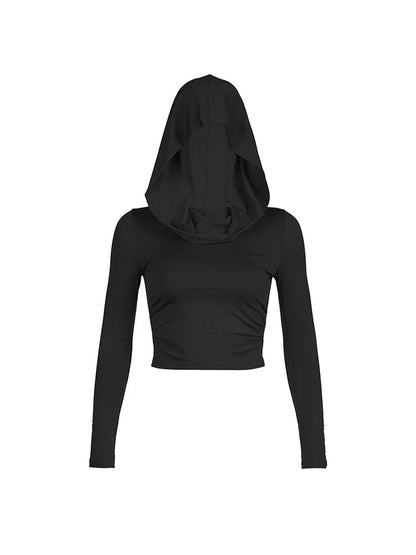 Women’s Hooded Crop Tops Autumn Solid Color Long Sleeve Cowl Neck Slim Fit Short T-Shirt Streetwear Sporty Basics Tees