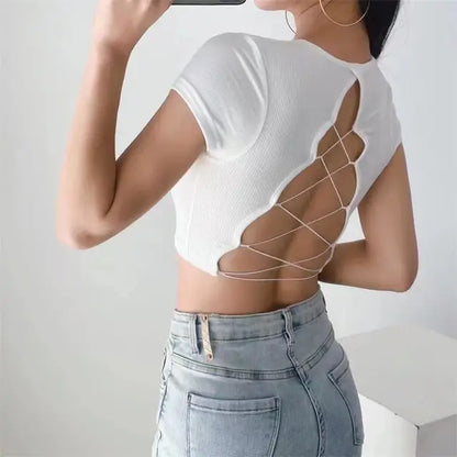 Camiseta de mujer con cuello redondo y espalda descubierta, top corto de manga corta de color liso, bonita camiseta de verano para bebé, ropa Y2K, túnicas ajustadas, tops de moda