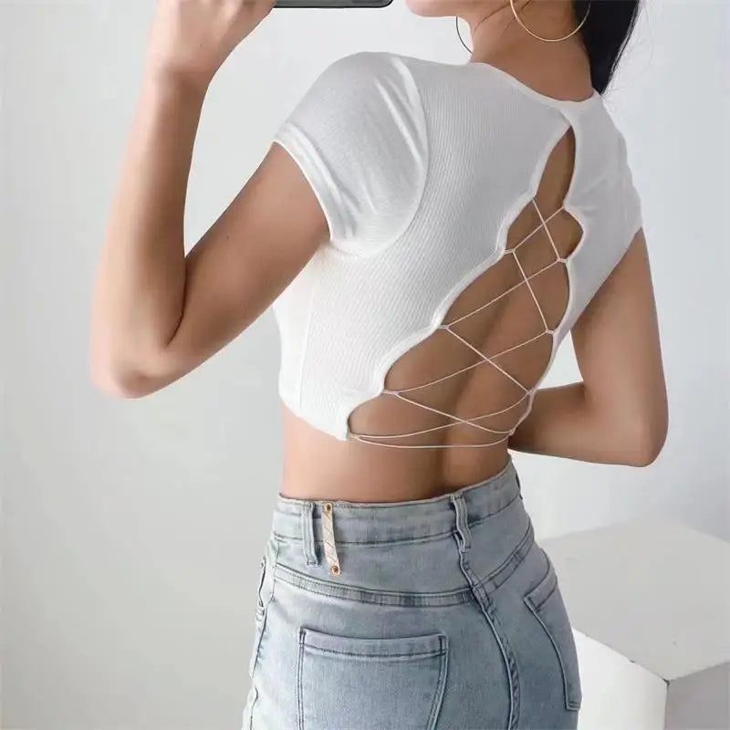 Camiseta de mujer con cuello redondo y espalda descubierta, top corto de manga corta de color liso, bonita camiseta de verano para bebé, ropa Y2K, túnicas ajustadas, tops de moda