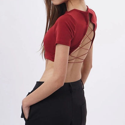 Camiseta de mujer con cuello redondo y espalda descubierta, top corto de manga corta de color liso, bonita camiseta de verano para bebé, ropa Y2K, túnicas ajustadas, tops de moda