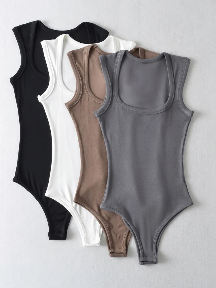 Body vintage ajustado sin mangas con cuello cuadrado para mujer, chaleco sexy con hombros descubiertos, mono liso con espalda descubierta