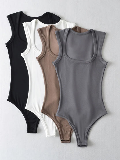 Body vintage ajustado sin mangas con cuello cuadrado para mujer, chaleco sexy con hombros descubiertos, mono liso con espalda descubierta