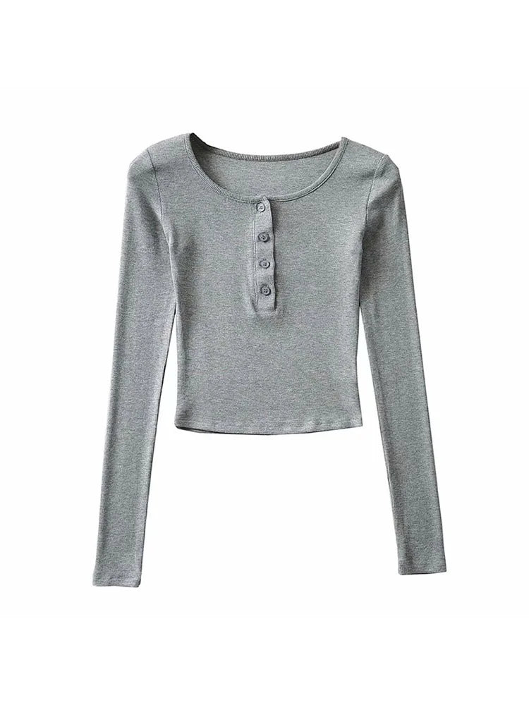 Tops cortos ajustados de primavera y otoño para mujer, camiseta informal de manga larga de color liso con botones, camiseta básica, tops Harajuku