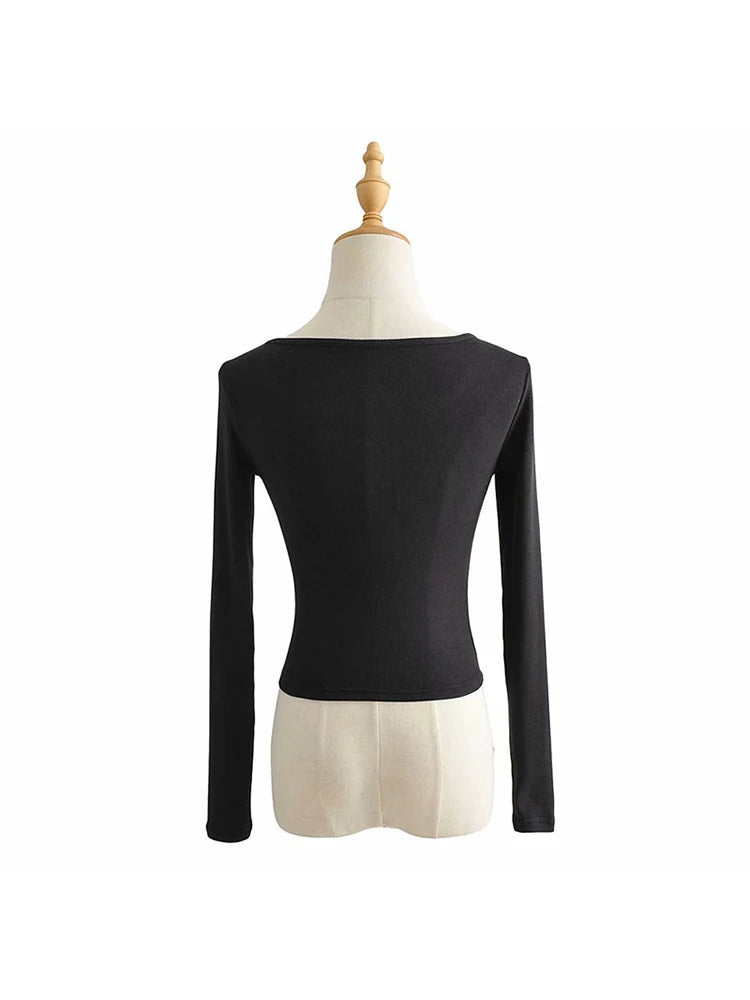 Tops cortos ajustados de primavera y otoño para mujer, camiseta informal de manga larga de color liso con botones, camiseta básica, tops Harajuku