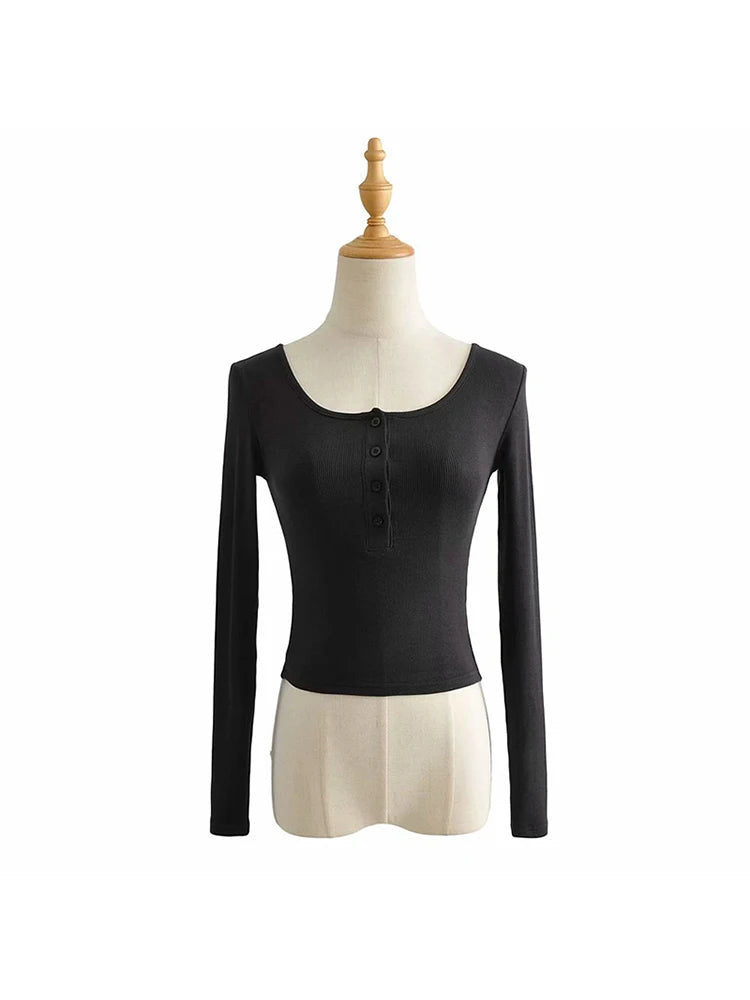 Tops cortos ajustados de primavera y otoño para mujer, camiseta informal de manga larga de color liso con botones, camiseta básica, tops Harajuku