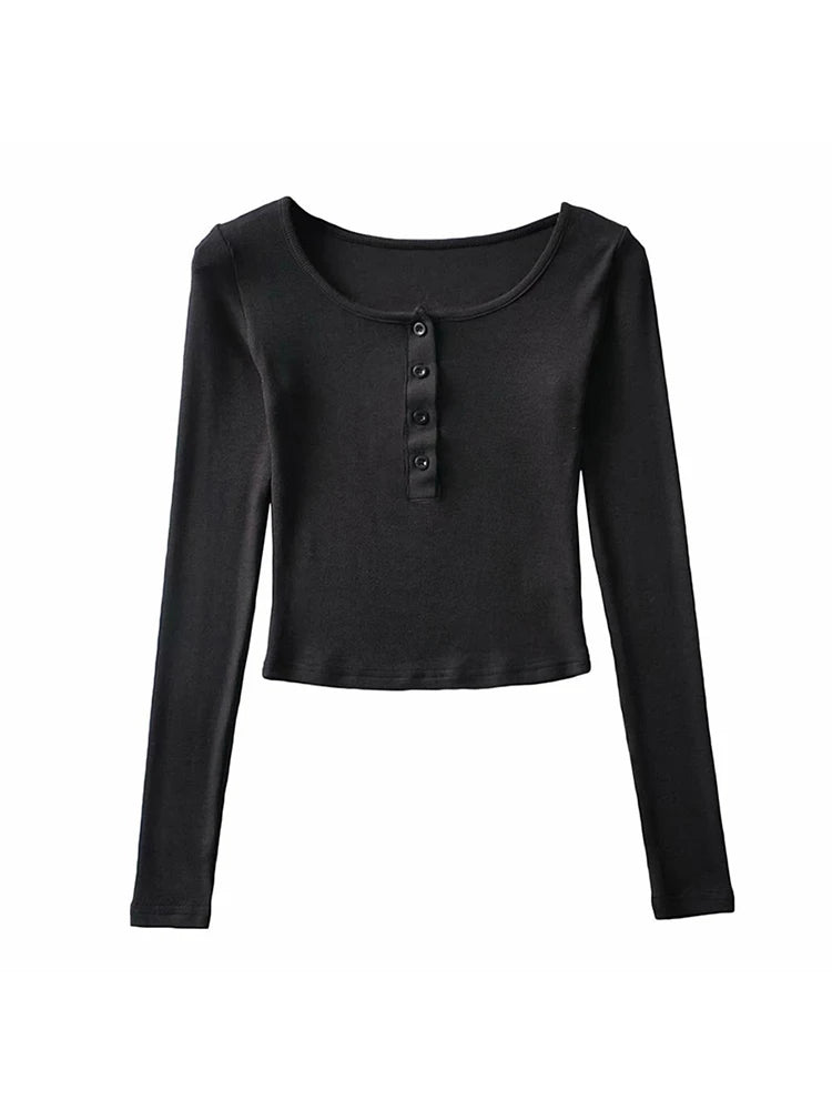 Tops cortos ajustados de primavera y otoño para mujer, camiseta informal de manga larga de color liso con botones, camiseta básica, tops Harajuku