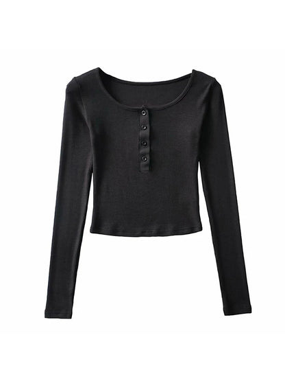 Tops cortos ajustados de primavera y otoño para mujer, camiseta informal de manga larga de color liso con botones, camiseta básica, tops Harajuku