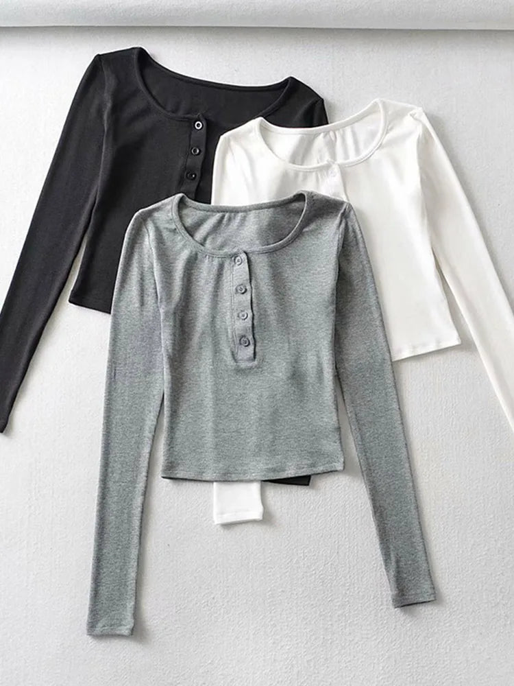 Tops cortos ajustados de primavera y otoño para mujer, camiseta informal de manga larga de color liso con botones, camiseta básica, tops Harajuku