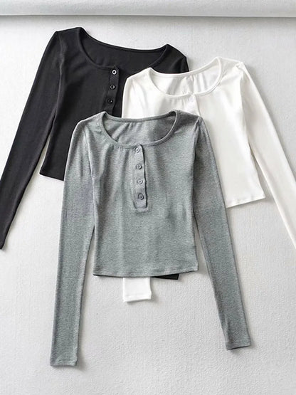Tops cortos ajustados de primavera y otoño para mujer, camiseta informal de manga larga de color liso con botones, camiseta básica, tops Harajuku
