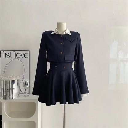 Conjunto de 3 piezas Y2K para mujer: abrigo corto, camisa de manga larga y minivestido con volantes y cintura alta, estilo coreano chic y sexy.