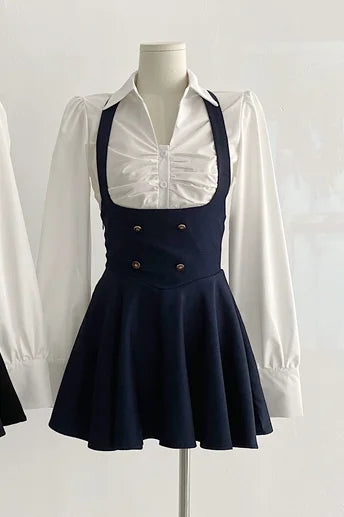 Conjunto de 3 piezas Y2K para mujer: abrigo corto, camisa de manga larga y minivestido con volantes y cintura alta, estilo coreano chic y sexy.