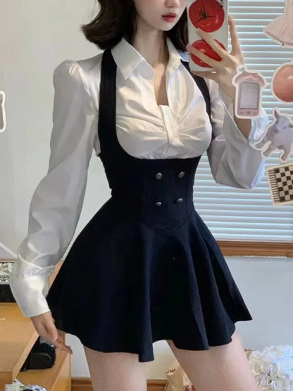 Conjunto de 3 piezas Y2K para mujer: abrigo corto, camisa de manga larga y minivestido con volantes y cintura alta, estilo coreano chic y sexy.