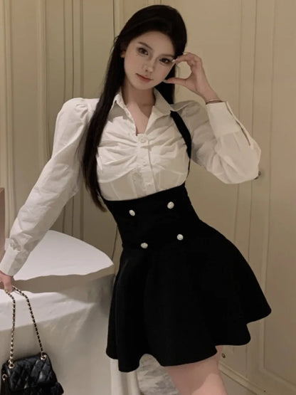 Conjunto de 3 piezas Y2K para mujer: abrigo corto, camisa de manga larga y minivestido con volantes y cintura alta, estilo coreano chic y sexy.