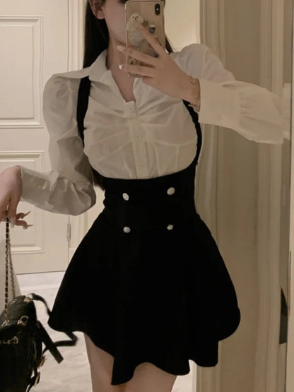 Conjunto de 3 piezas Y2K para mujer: abrigo corto, camisa de manga larga y minivestido con volantes y cintura alta, estilo coreano chic y sexy.
