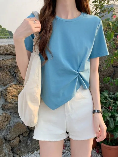 Camiseta irregular Y2K para mujer, camiseta ajustada de verano para mujer, camiseta de manga corta lisa de estilo coreano Kpop, camiseta ajustada con cuello redondo, ropa para mujer, top