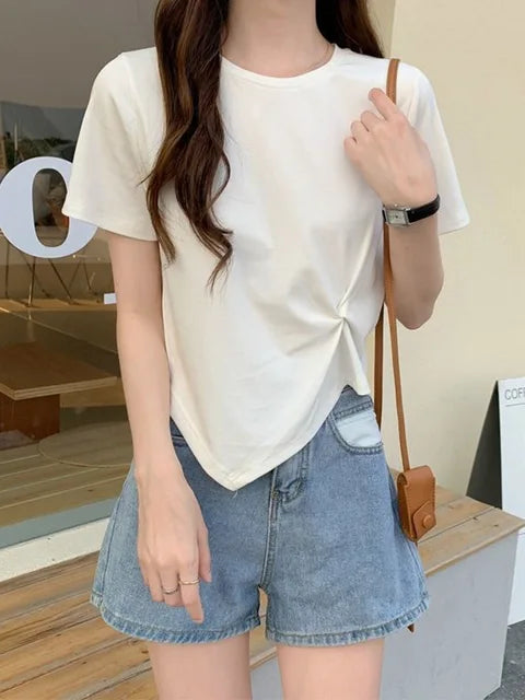 Camiseta irregular Y2K para mujer, camiseta ajustada de verano para mujer, camiseta de manga corta lisa de estilo coreano Kpop, camiseta ajustada con cuello redondo, ropa para mujer, top