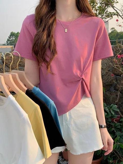 Camiseta irregular Y2K para mujer, camiseta ajustada de verano para mujer, camiseta de manga corta lisa de estilo coreano Kpop, camiseta ajustada con cuello redondo, ropa para mujer, top