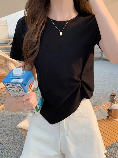 Camiseta irregular Y2K para mujer, camiseta ajustada de verano para mujer, camiseta de manga corta lisa de estilo coreano Kpop, camiseta ajustada con cuello redondo, ropa para mujer, top