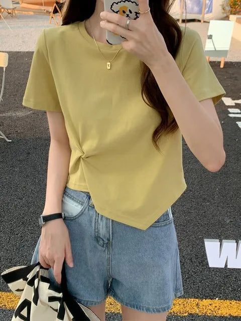 Camiseta irregular Y2K para mujer, camiseta ajustada de verano para mujer, camiseta de manga corta lisa de estilo coreano Kpop, camiseta ajustada con cuello redondo, ropa para mujer, top