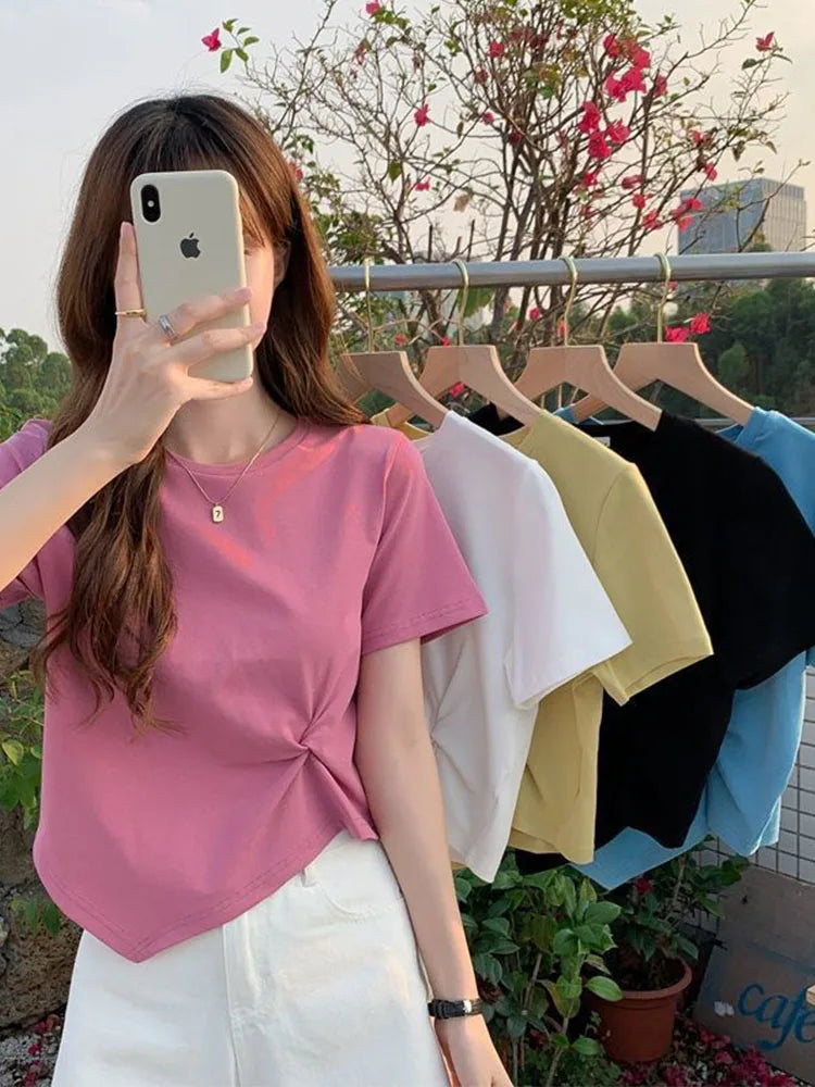 Camiseta irregular Y2K para mujer, camiseta ajustada de verano para mujer, camiseta de manga corta lisa de estilo coreano Kpop, camiseta ajustada con cuello redondo, ropa para mujer, top