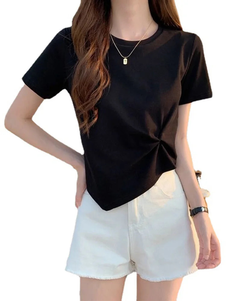 Camiseta irregular Y2K para mujer, camiseta ajustada de verano para mujer, camiseta de manga corta lisa de estilo coreano Kpop, camiseta ajustada con cuello redondo, ropa para mujer, top