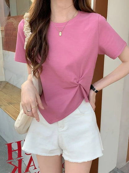 Camiseta irregular Y2K para mujer, camiseta ajustada de verano para mujer, camiseta de manga corta lisa de estilo coreano Kpop, camiseta ajustada con cuello redondo, ropa para mujer, top