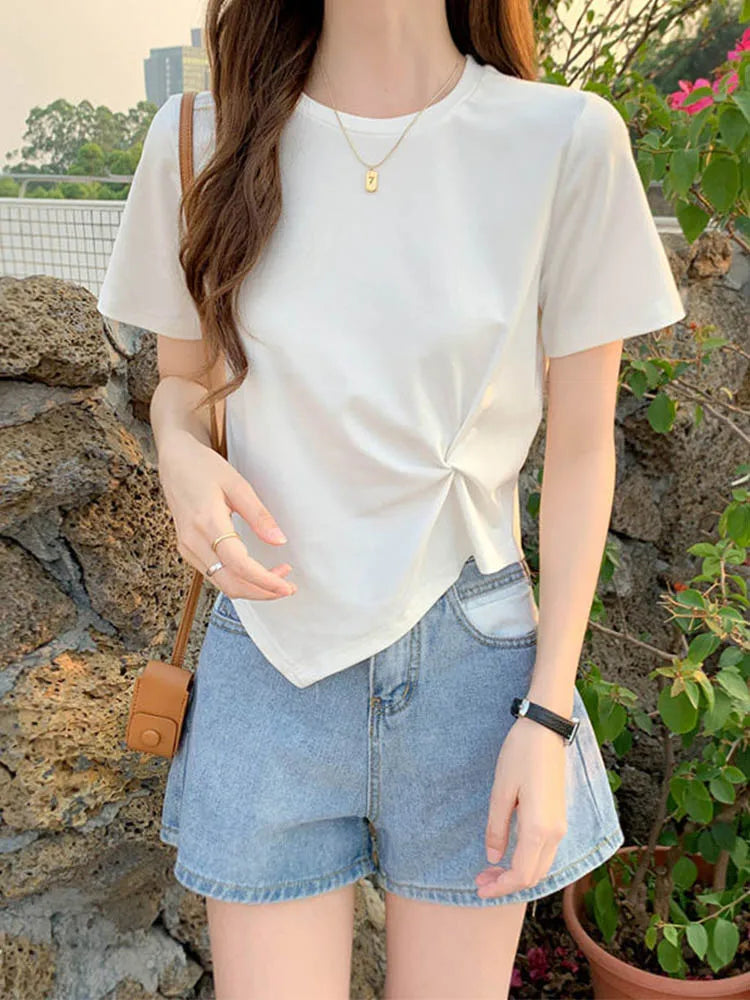 Camiseta irregular Y2K para mujer, camiseta ajustada de verano para mujer, camiseta de manga corta lisa de estilo coreano Kpop, camiseta ajustada con cuello redondo, ropa para mujer, top