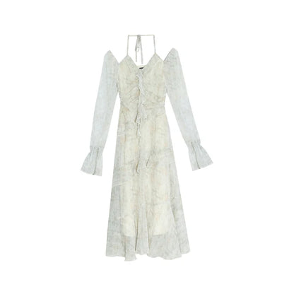 Vestido corto irregular con volantes Y2K para mujer, novedad de verano, con mangas acampanadas y efecto tie-dye, elegante vestido de fiesta de primavera, vestido de graduación, vestido con cuello halter